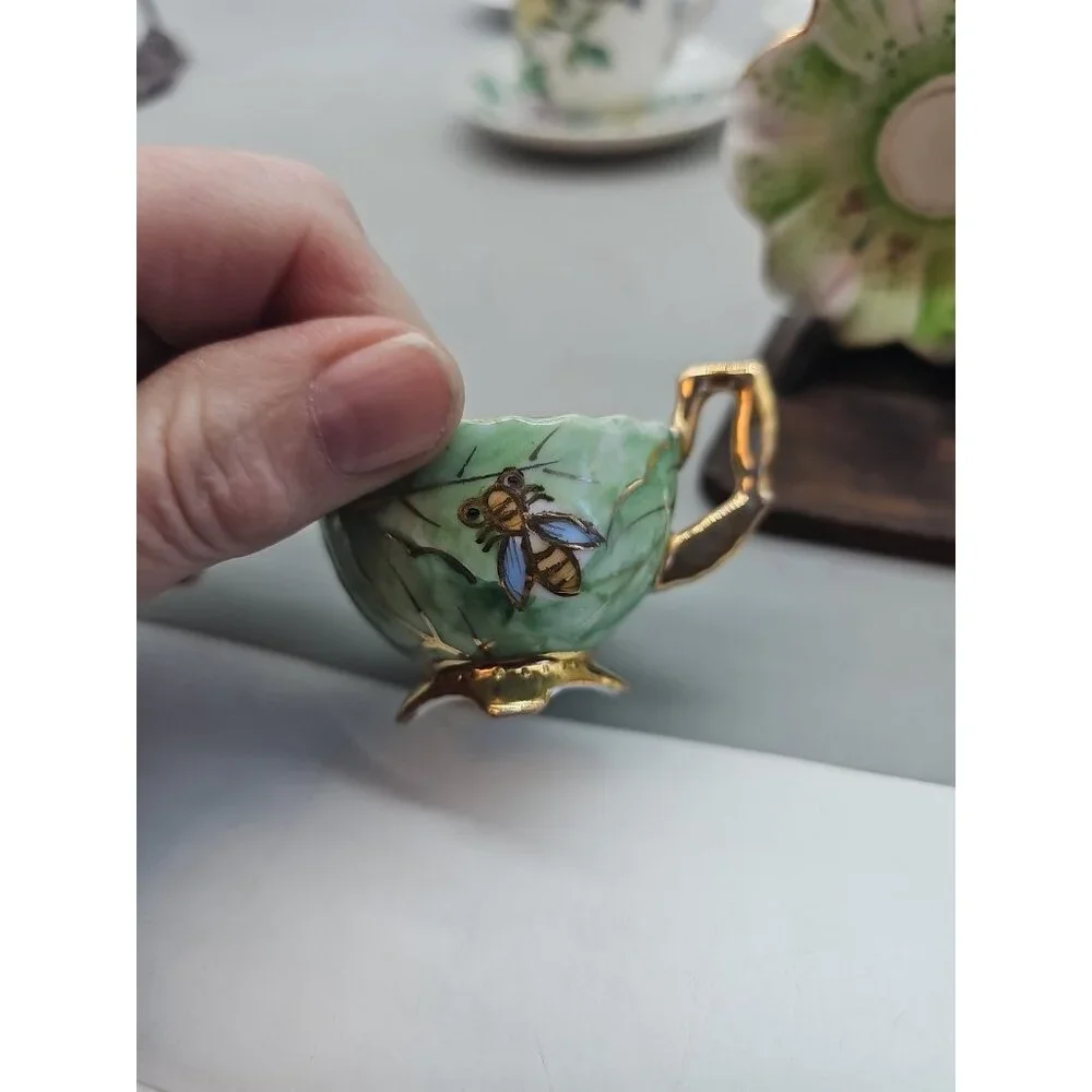 VINTAGE CUP & SAUCER ORNATE GREEN & GOLD ‎ FOOTED FLORAL JAPAN